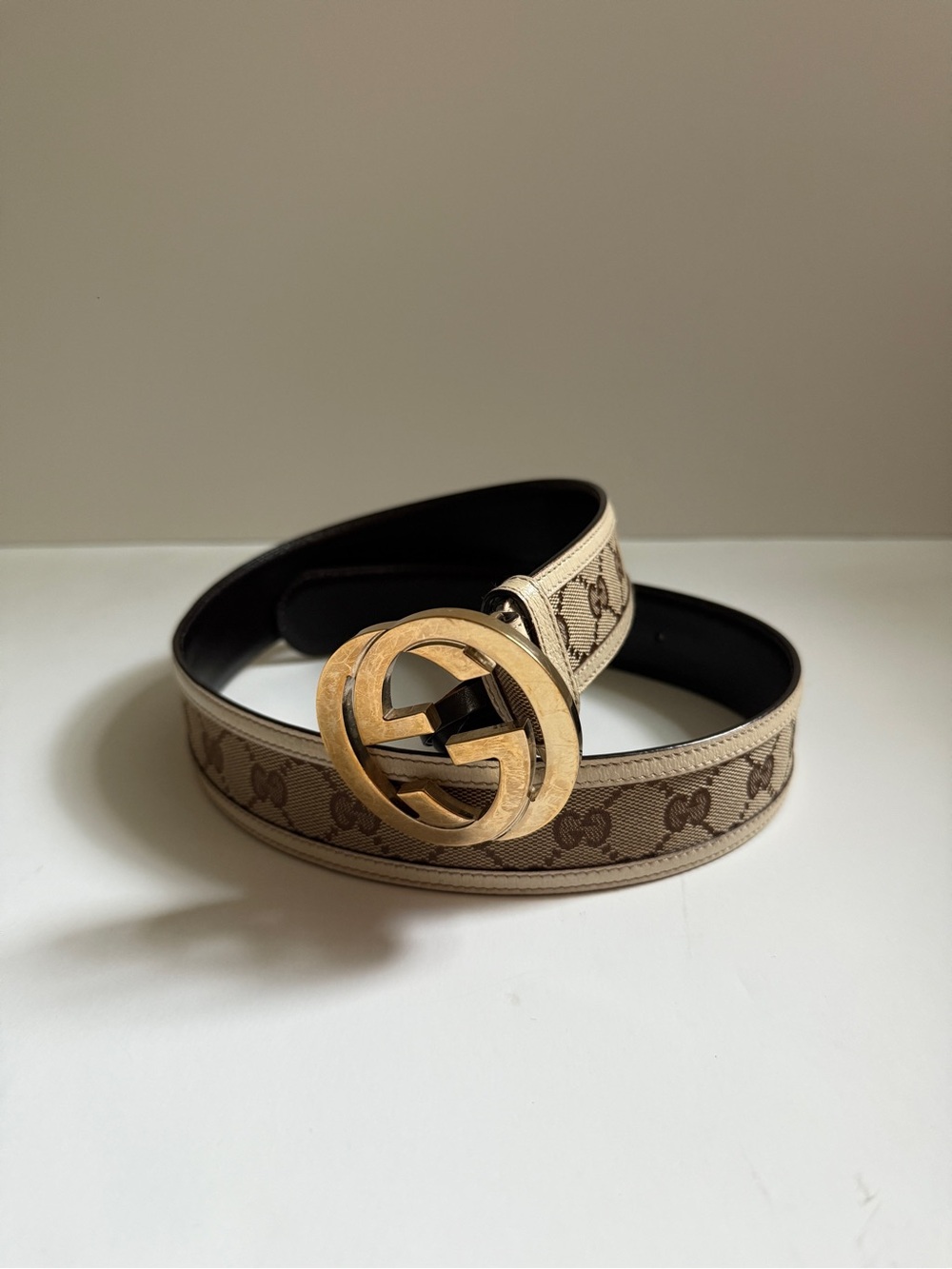 Gucci Beige Monogram Canvas Belt with Gold Double G Buckle